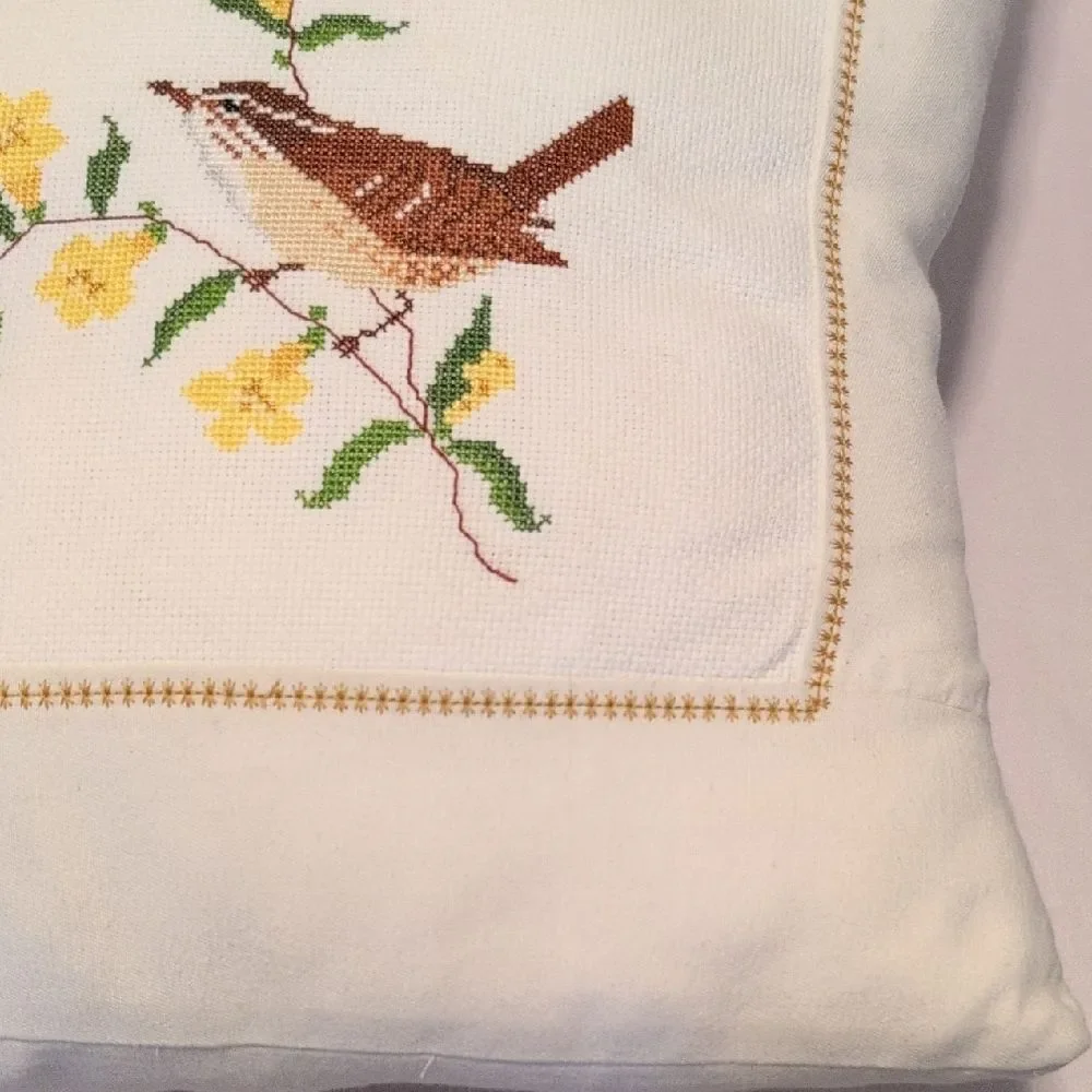 Handmade Cross Stitch Bird and Floral Accent Throw Pillow Vintage